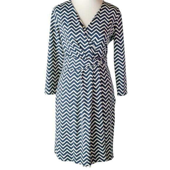 Talbots Blue And  White Chevron Wrap Bodice Dress Size Medium - Picture 2 of 7
